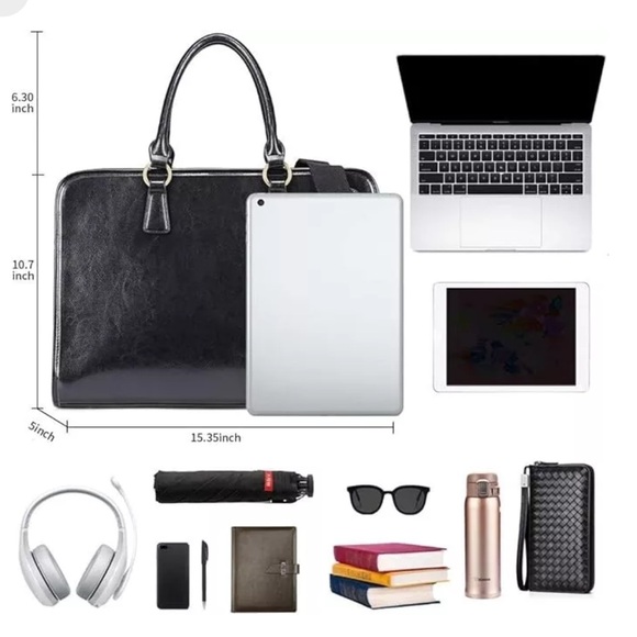 Kattee large black leather briefcase w/ adjustable strap - Picture 3 of 13